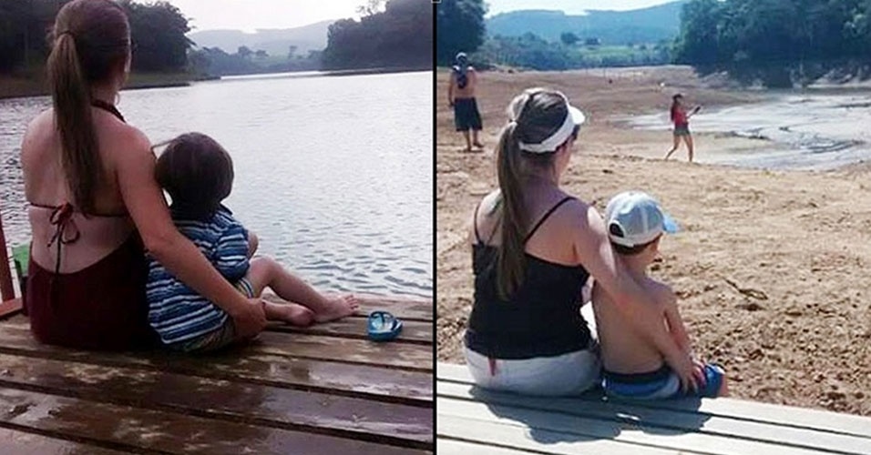 Mãe e Filho na represa da Cantareira em São Paulo.
